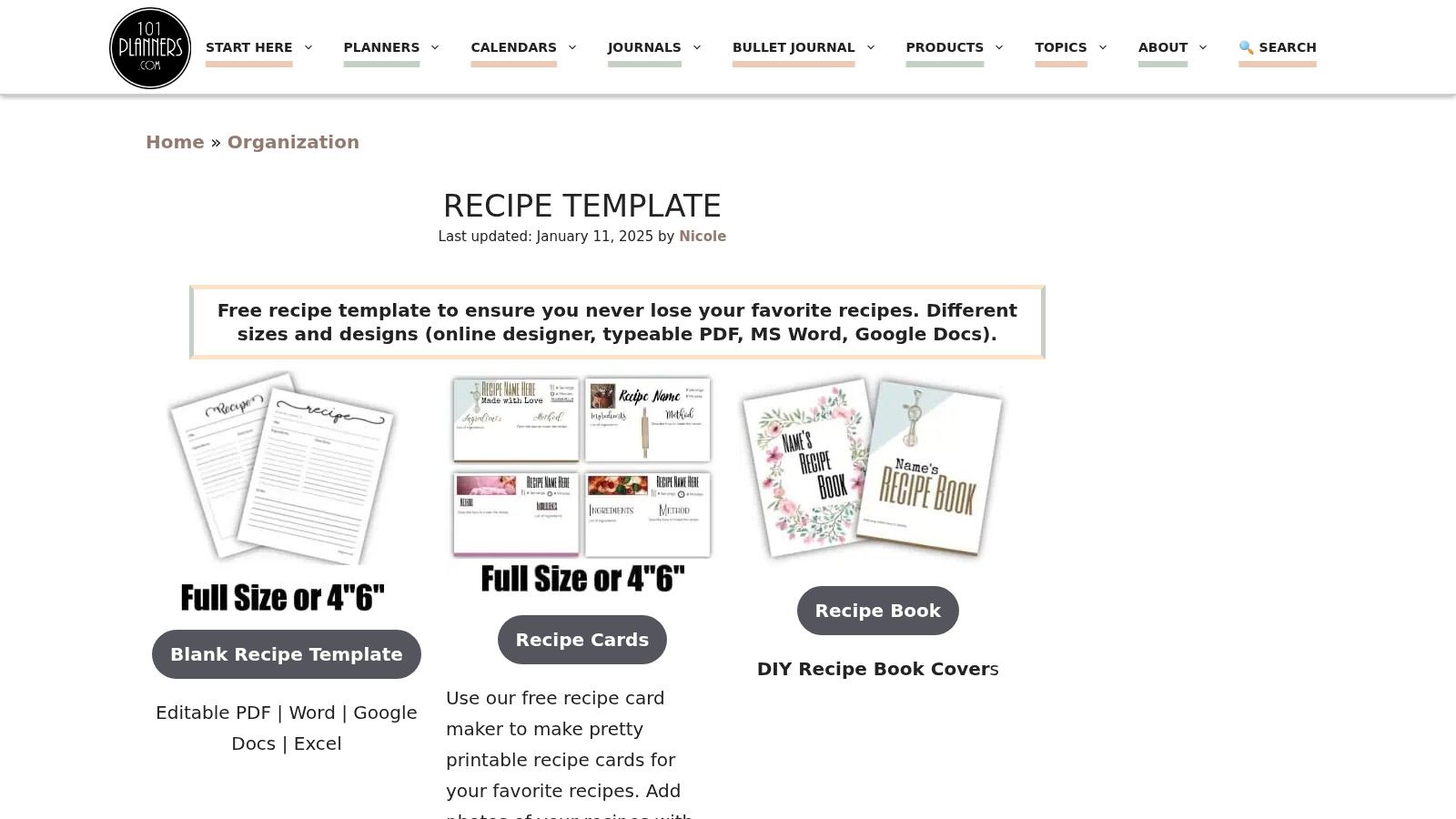 101Planners – Recipe Template + Recipe Card Maker