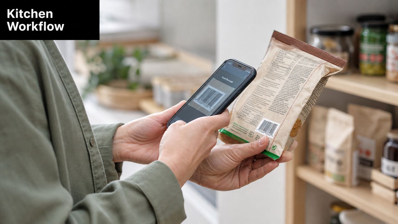 A person using a smartphone app to scan a food product barcode in their kitchen pantry.