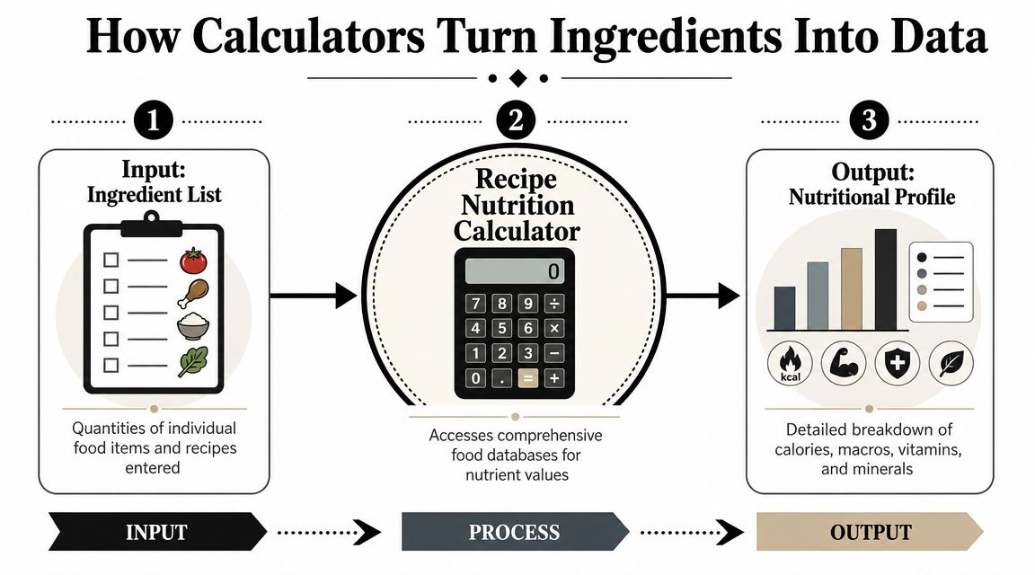 A diagram illustrating how a recipe nutrition calculator converts food ingredient lists into detailed nutritional data.