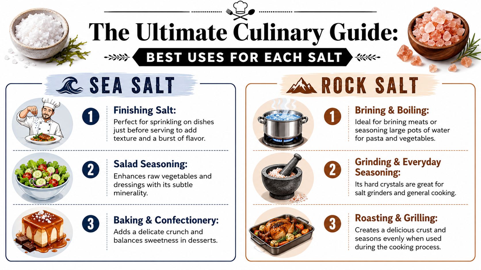 An infographic comparing culinary uses of sea salt and rock salt with illustrative icons and text descriptions.