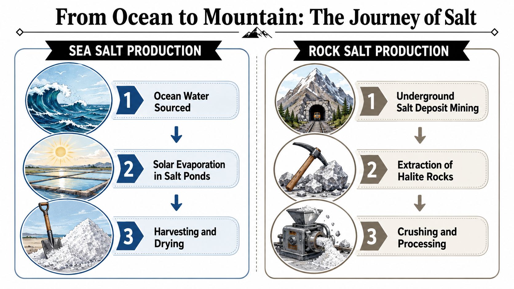 An infographic detailing the production processes of sea salt through evaporation and rock salt through underground mining.