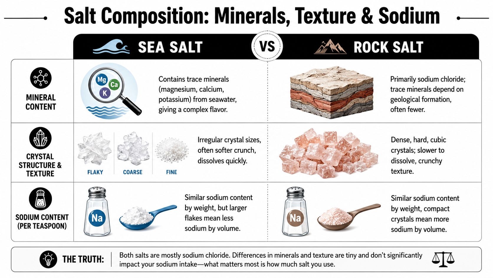 An infographic comparing sea salt and rock salt based on mineral content, crystal texture, and sodium levels.
