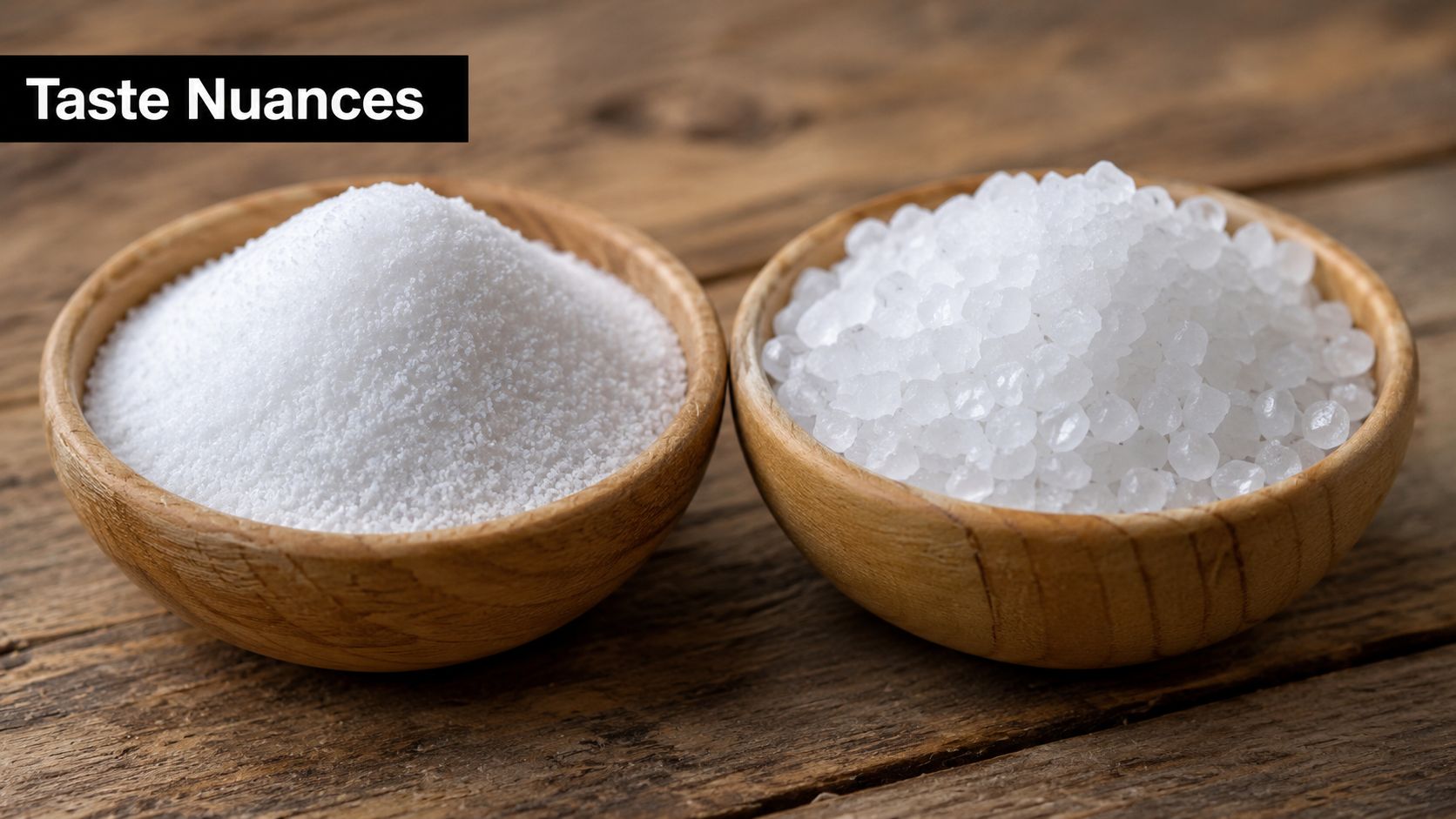 Two wooden bowls on a rustic wooden table, one filled with fine salt and the other with coarse salt.