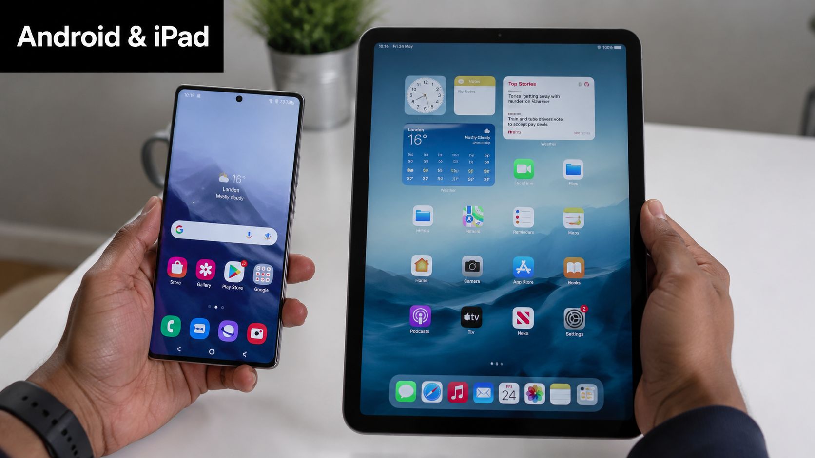 A person holding an Android smartphone and an iPad side-by-side to compare their mobile operating systems.