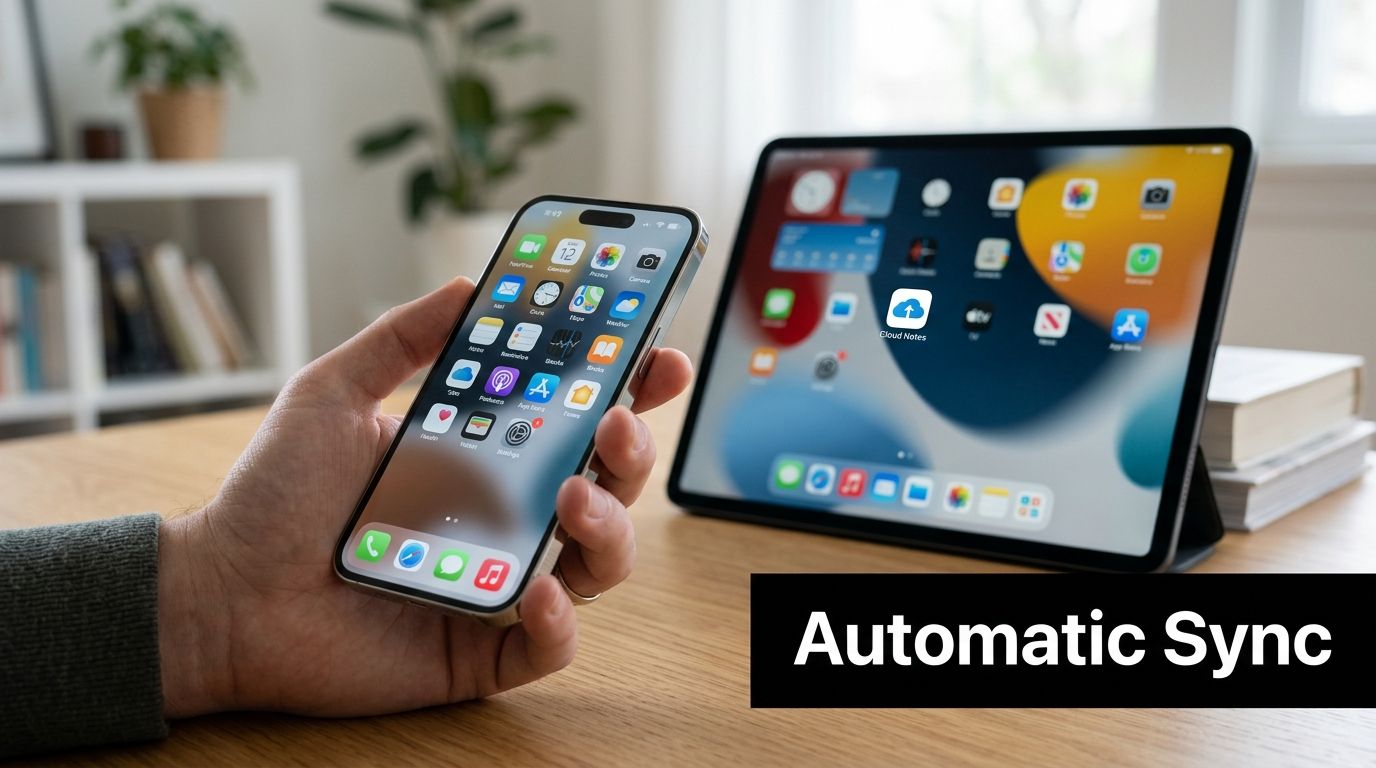 A person holding an iPhone with an iPad in the background, demonstrating automatic synchronization between devices.
