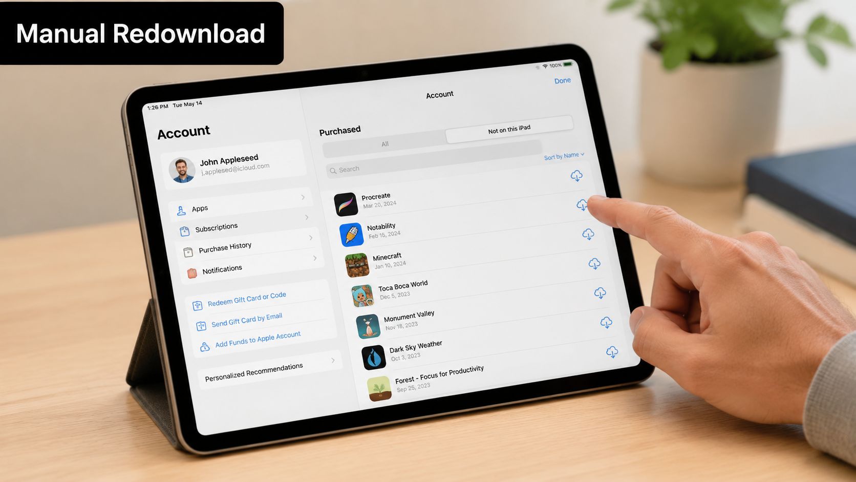 A person tapping the cloud icon on an iPad screen to manually redownload an app from their account.