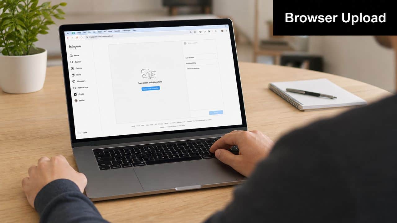 A person using a laptop to upload photos and videos to Instagram through a web browser interface.