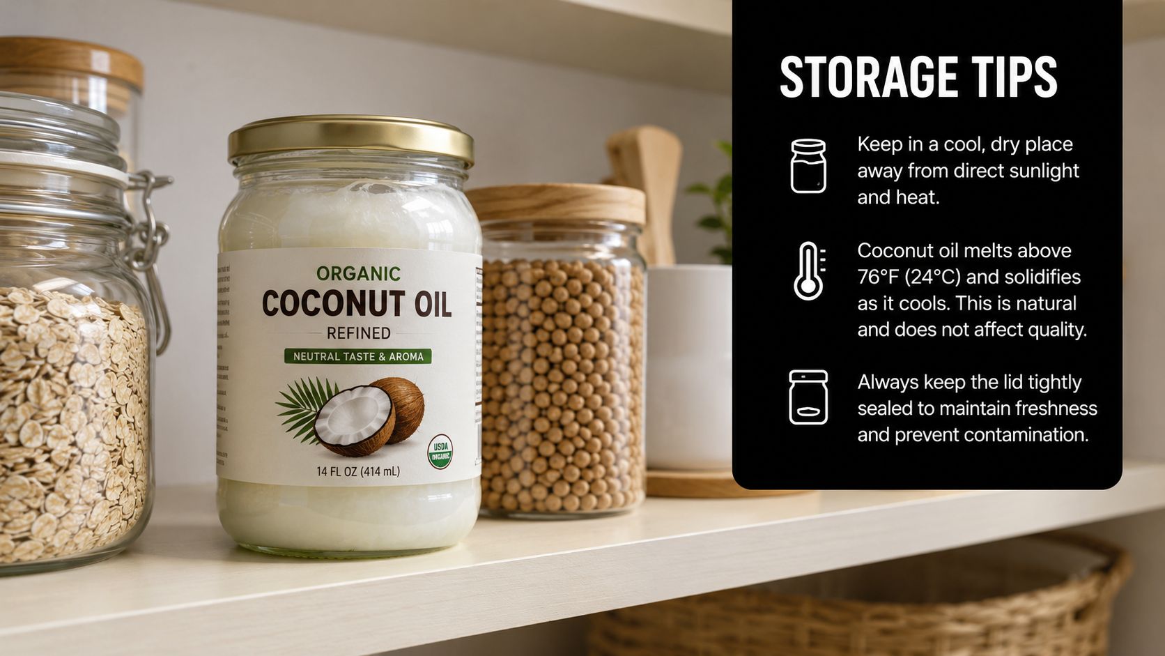 A glass jar of organic refined coconut oil on a kitchen shelf with storage tip instructions.