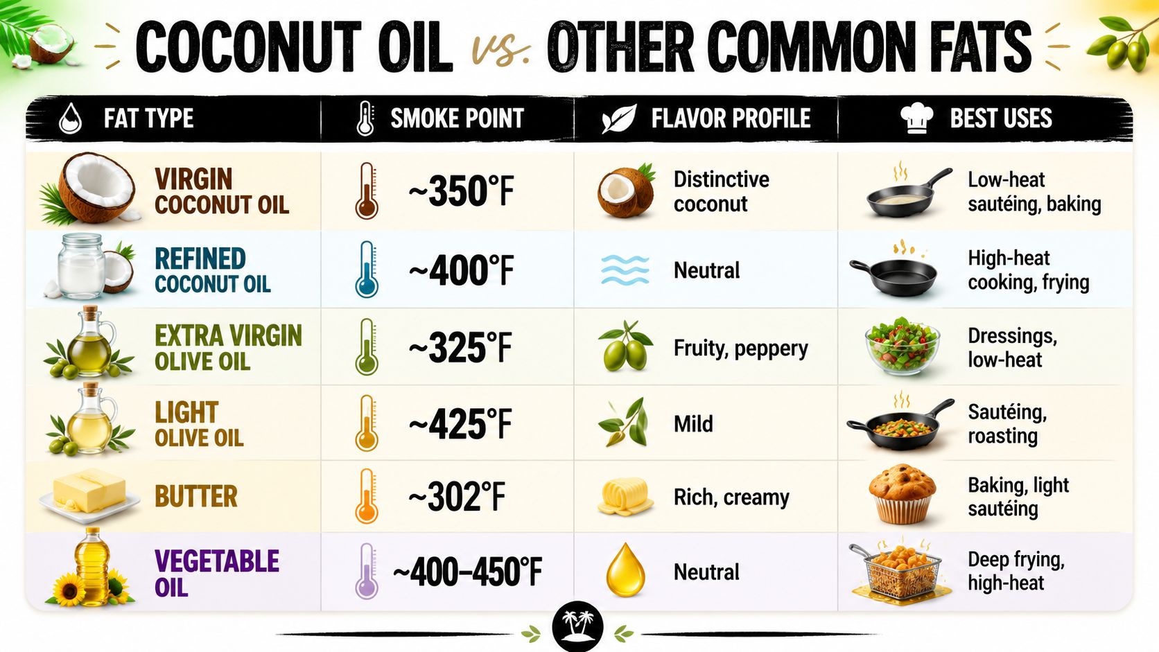 A comparison chart showing smoke points, flavors, and best cooking uses for different types of common fats.