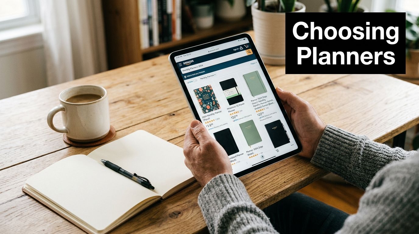 A person viewing and choosing monthly planners on a tablet screen at a wooden desk.