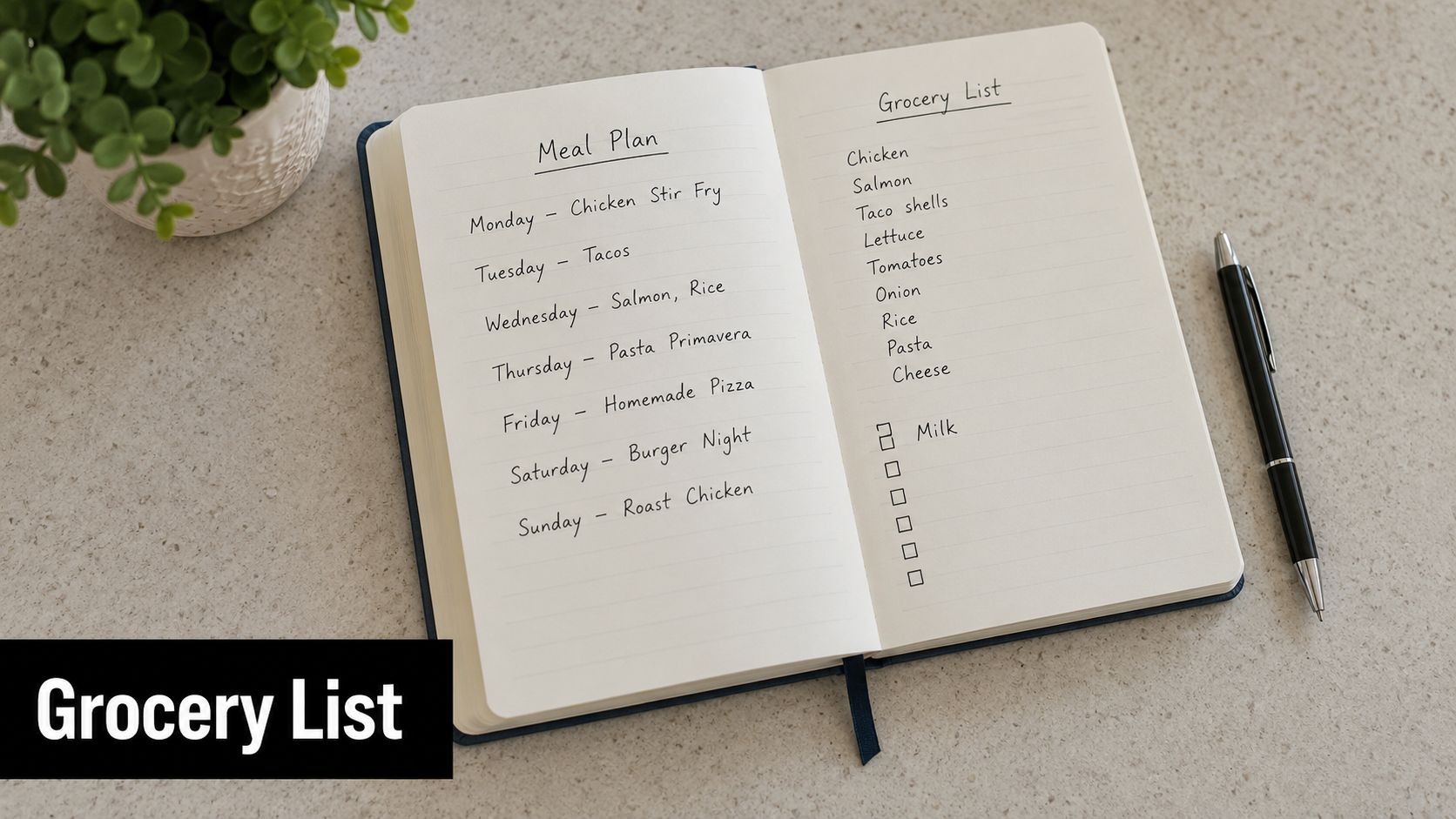 An open notebook on a table showing a weekly meal plan and a grocery list.