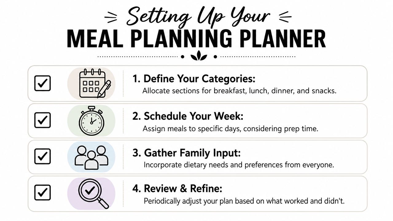 A four-step infographic for setting up a meal planning planner with checkboxes, icons, and descriptive text.