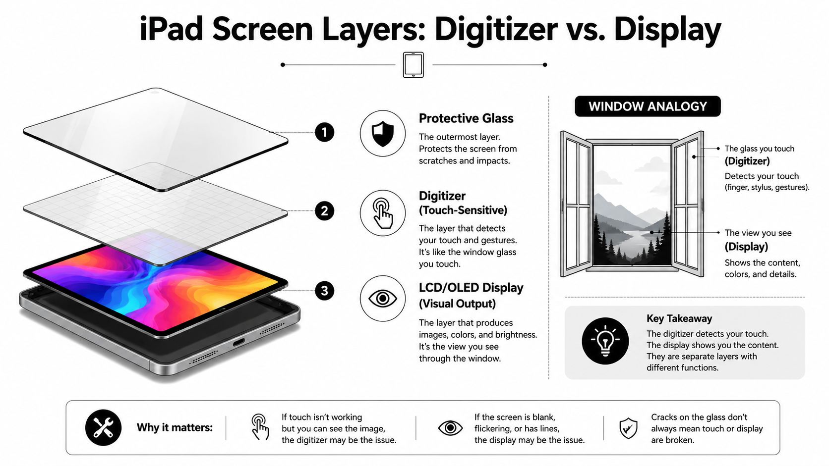 An infographic explaining the different layers of an iPad screen, including the protective glass, digitizer, and display.
