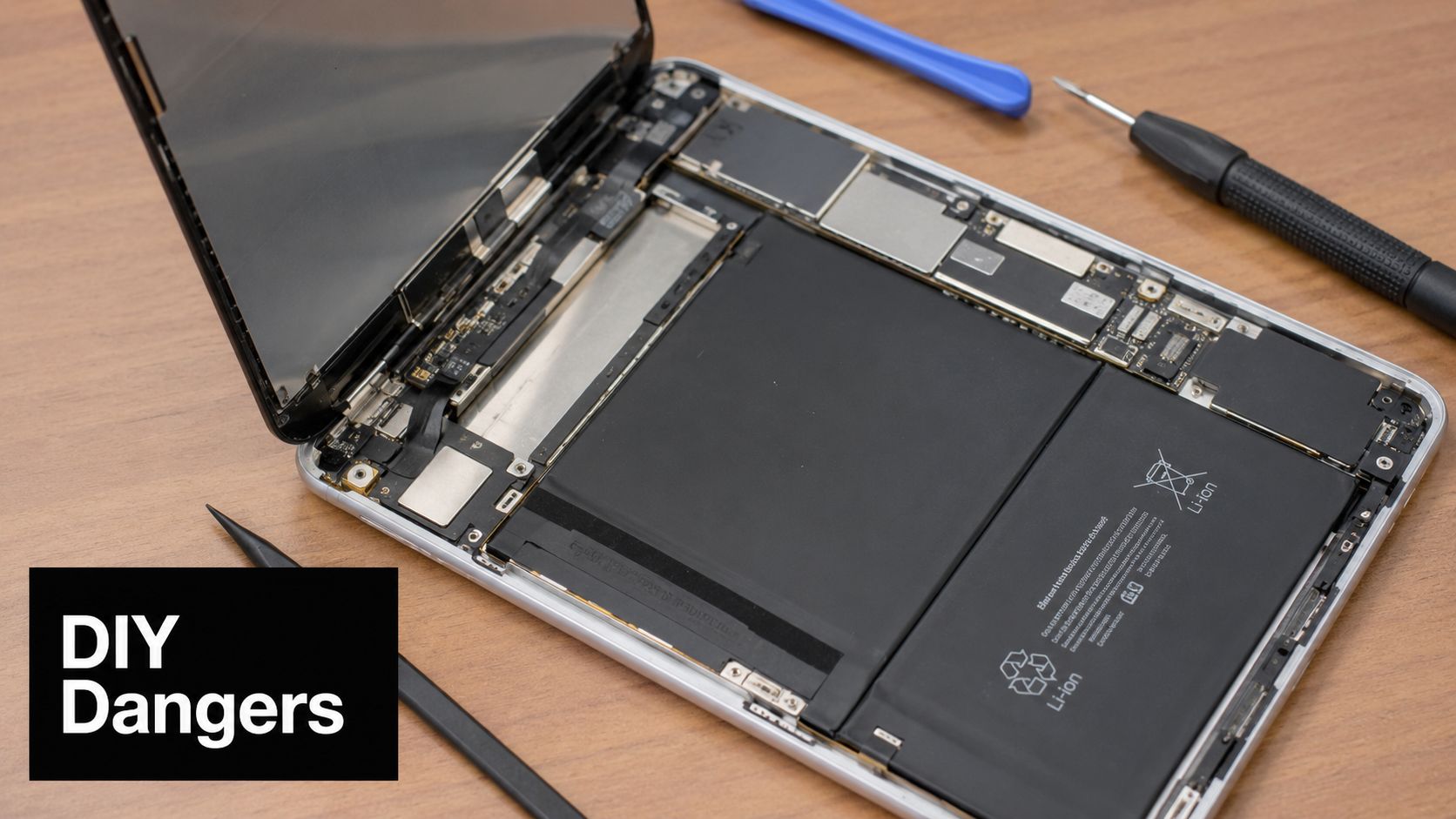 A partially disassembled iPad tablet showing internal battery and components with repair tools on a table.