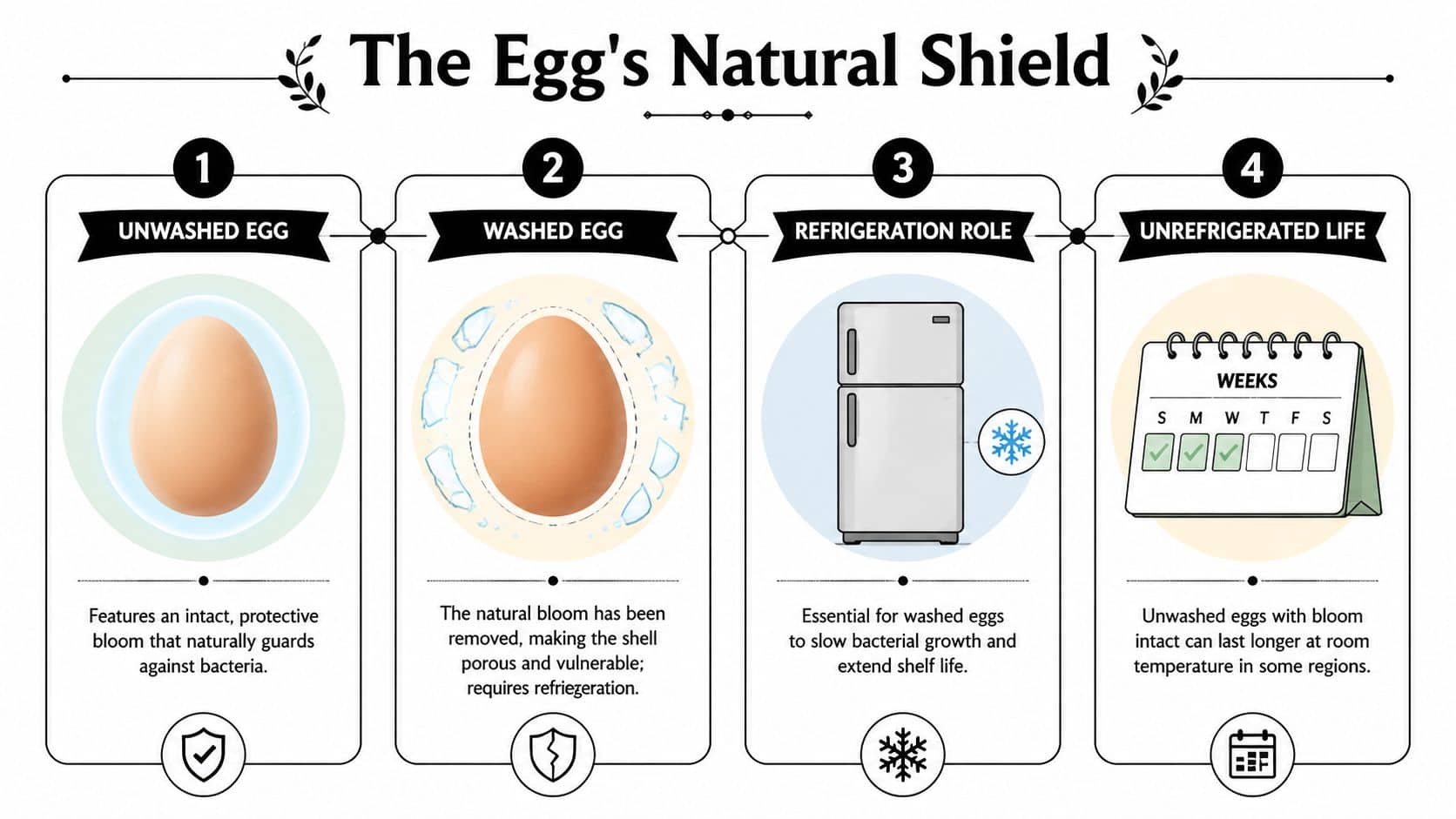 An infographic explaining how washing and refrigeration affect the shelf life and safety of chicken eggs.
