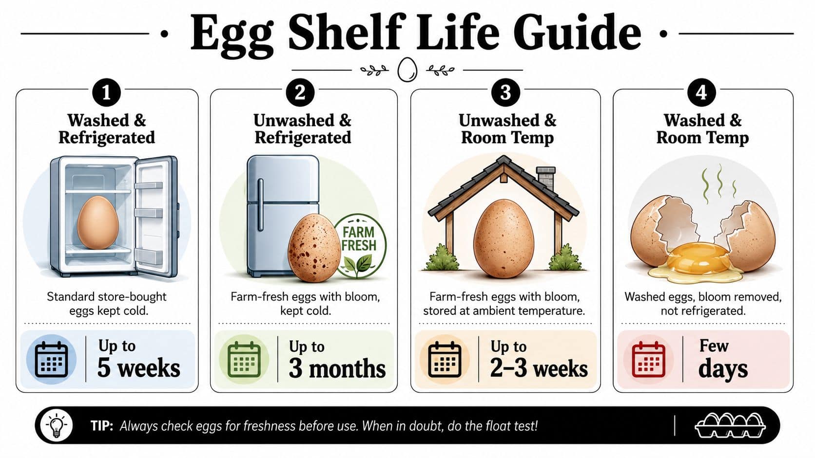 A visual guide explaining the shelf life of eggs based on washing and storage temperature methods.