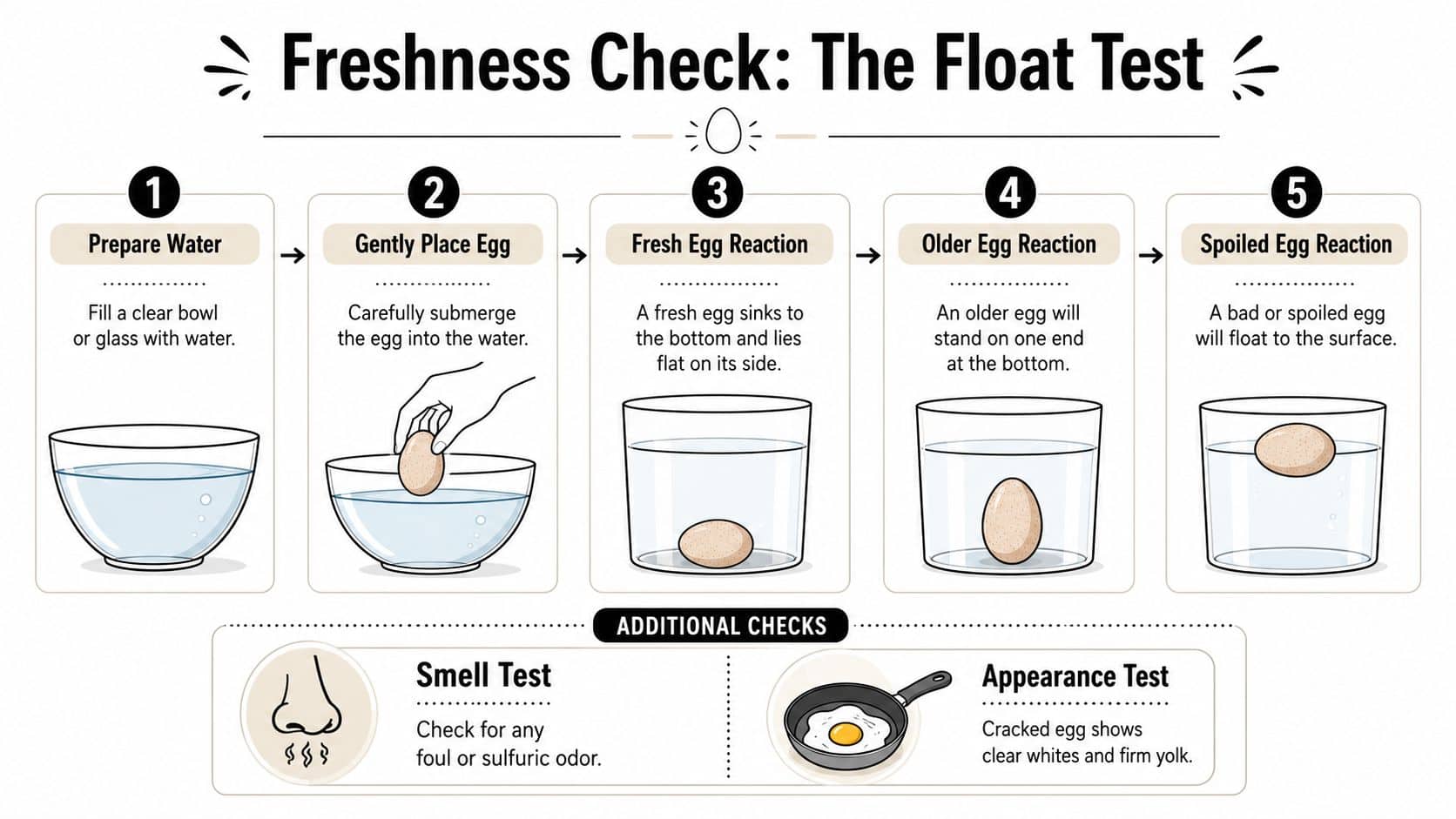 An infographic illustrating the float test method to determine if an egg is fresh, old, or spoiled.