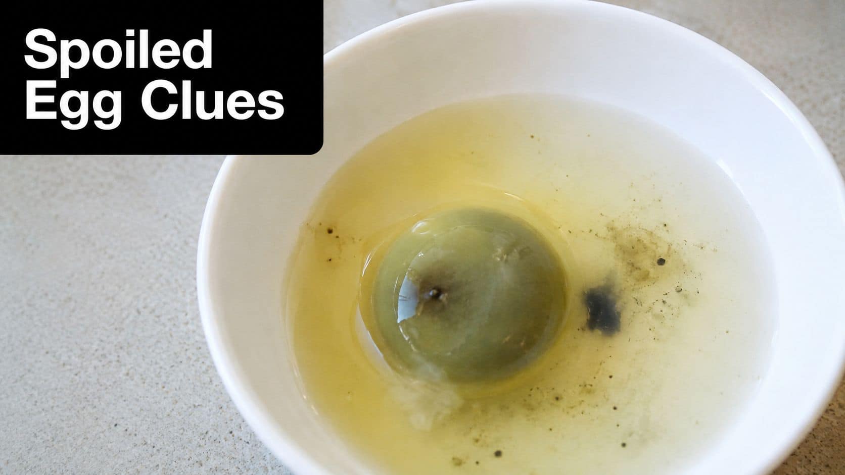 A cracked egg with a discolored, greenish yolk in a white bowl, indicating it has spoiled.