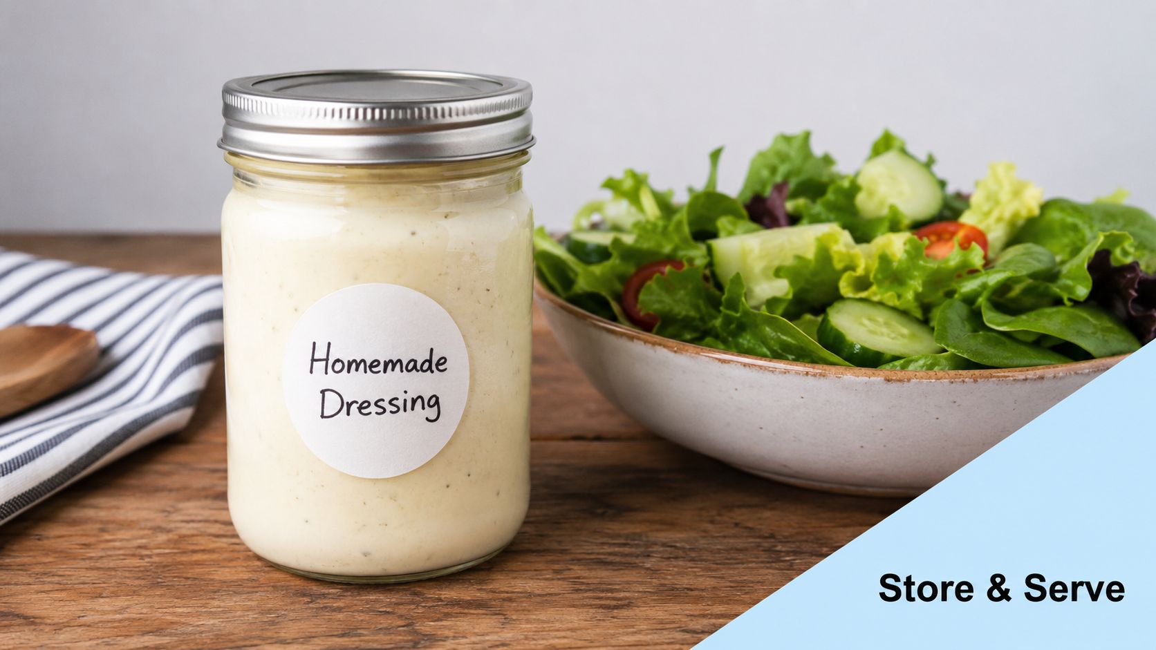 A glass jar labeled Homemade Dressing sitting next to a bowl of fresh salad on a table.