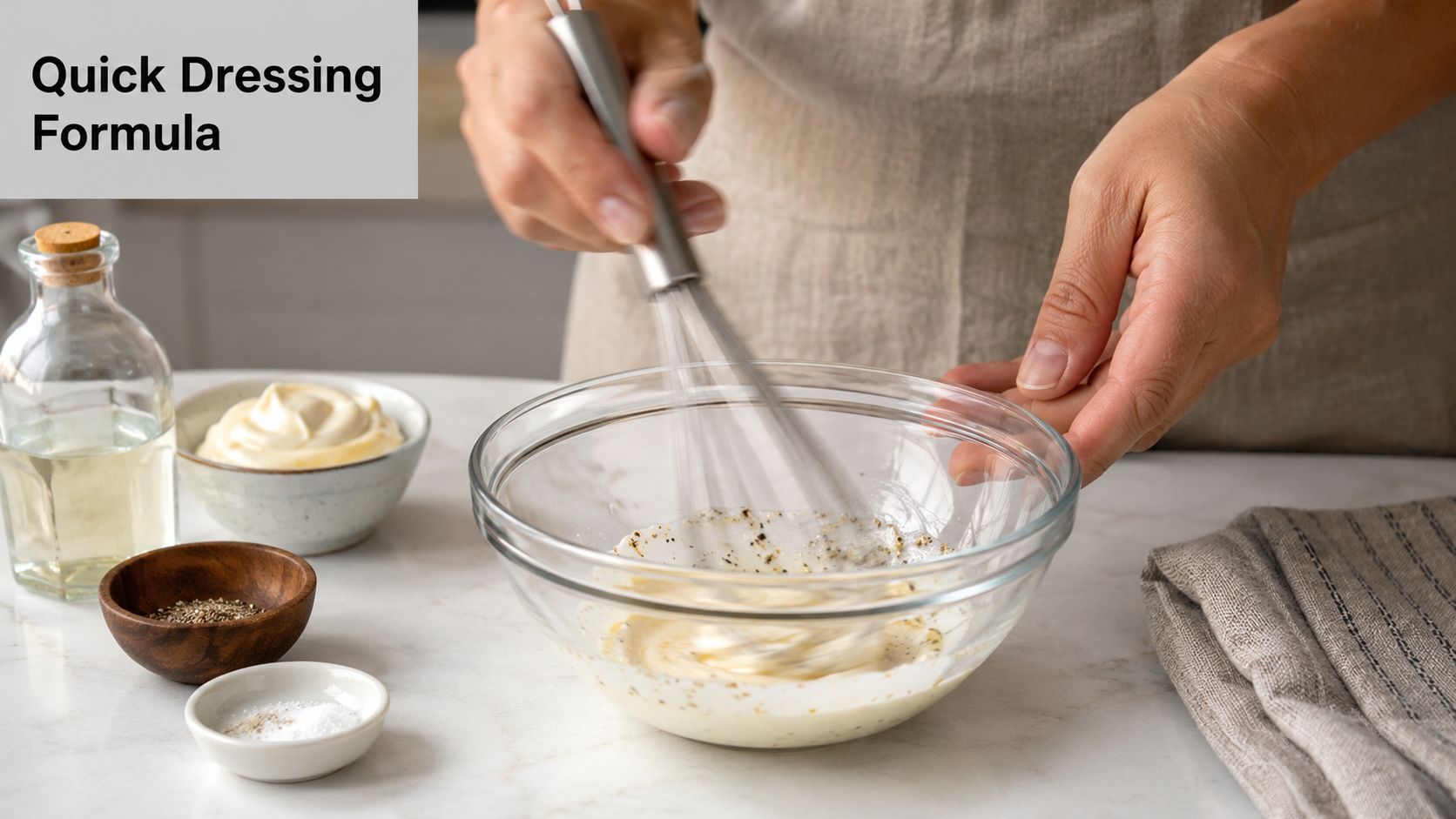 A person whisking ingredients for a quick homemade mayonnaise-based dressing in a glass mixing bowl.