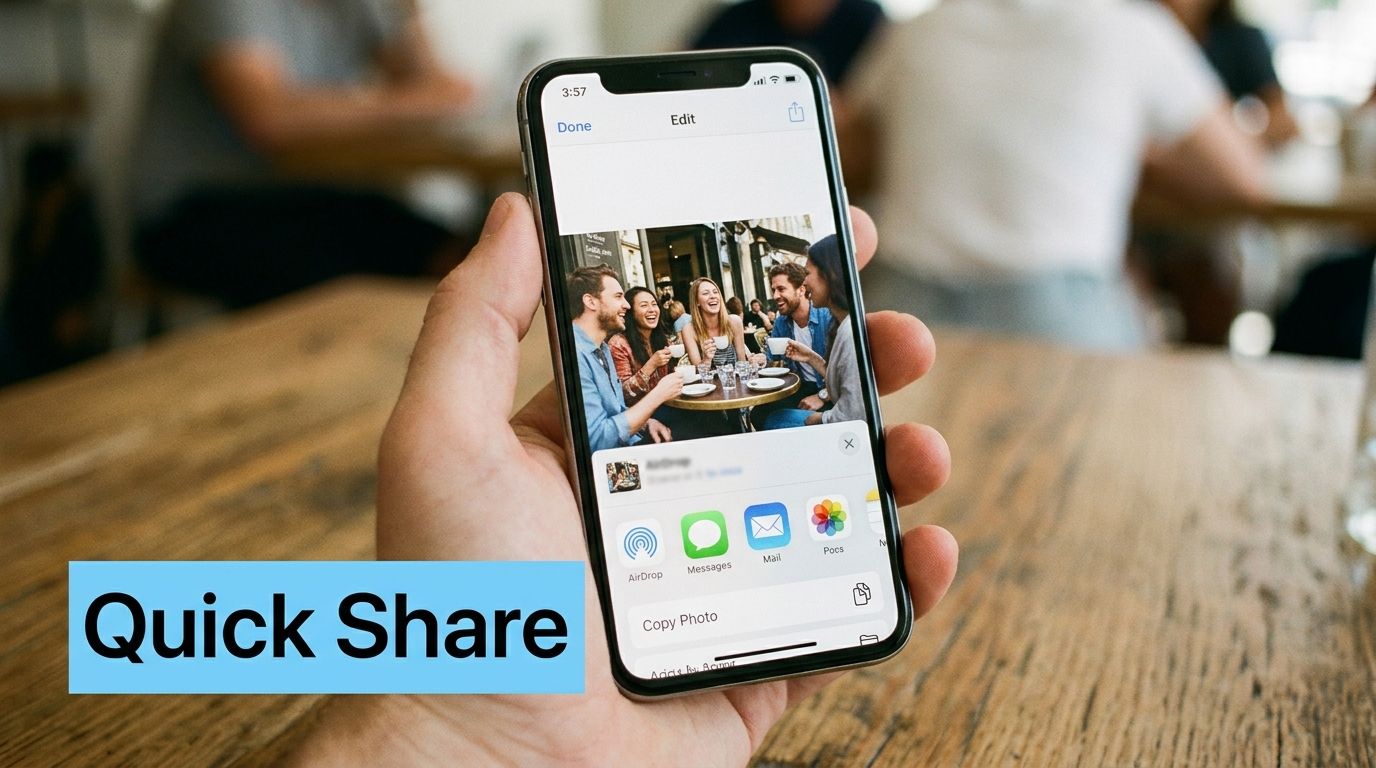 A hand holding an iPhone displaying the iOS share sheet interface to quickly share a photo