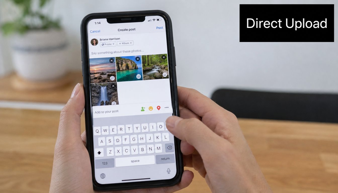 A person using an iPhone to create and upload a post with multiple photos to Facebook.