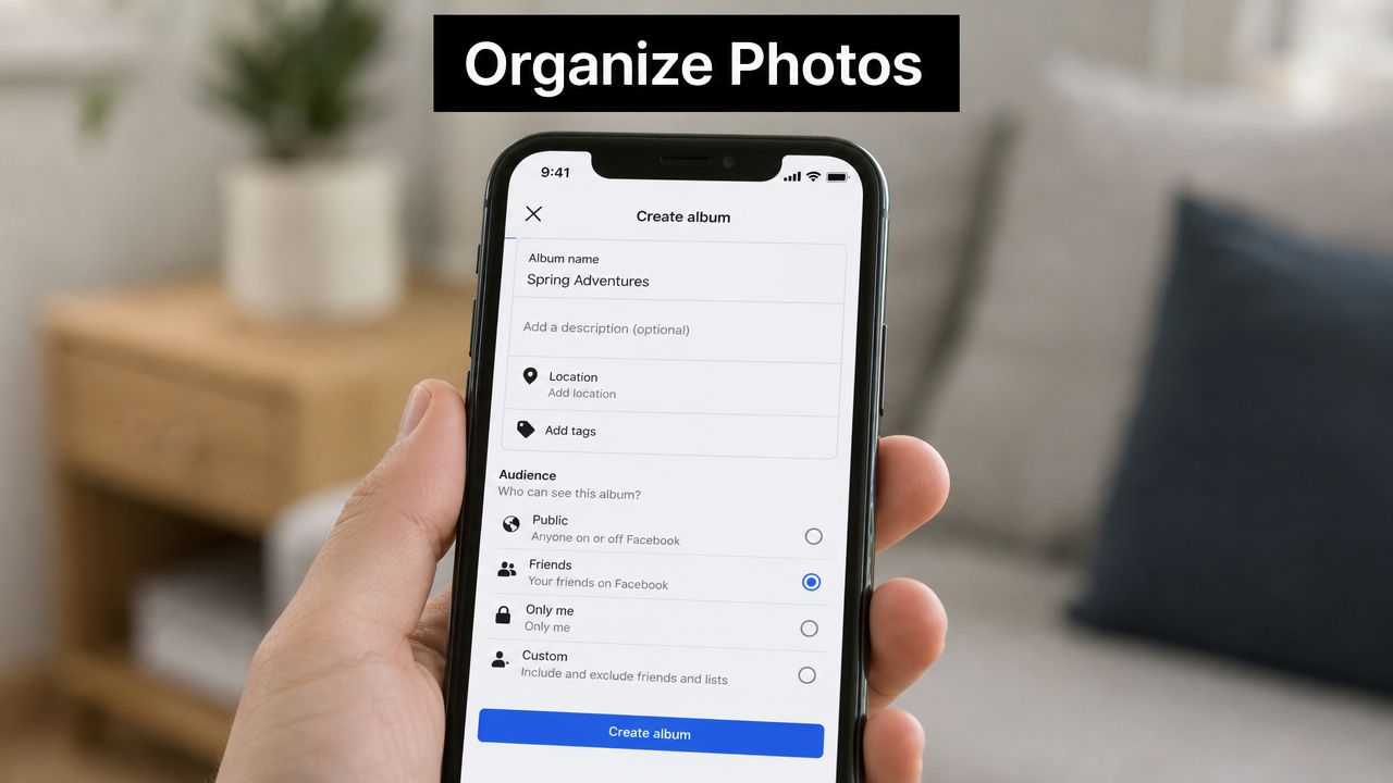 A hand holding a smartphone showing the Facebook mobile app interface for creating a new photo album.