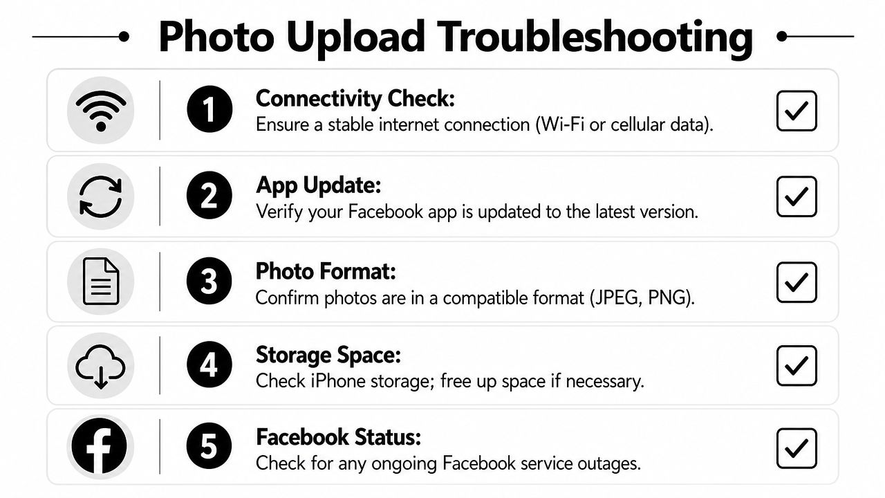 A checklist infographic titled Photo Upload Troubleshooting providing five steps to resolve Facebook photo uploading issues on iPhone.