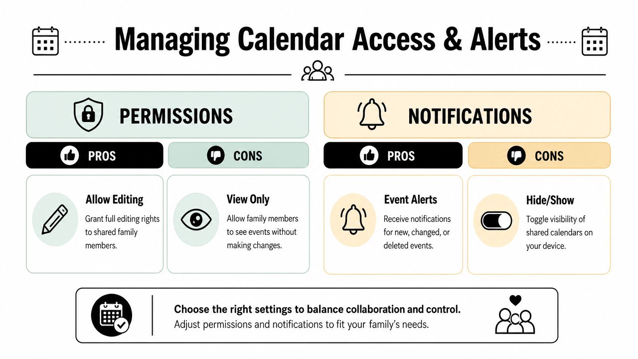A guide illustrating how to manage family calendar permissions and notification settings for better coordination.