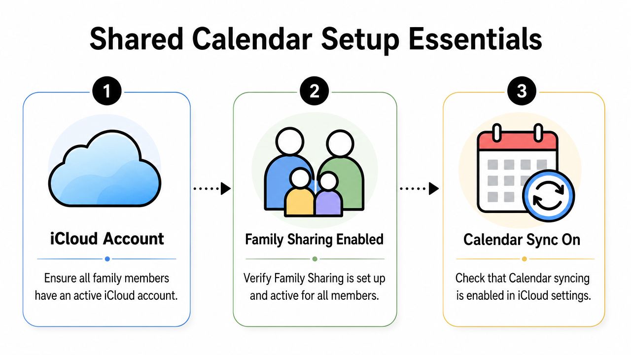 An infographic showing three steps to set up a shared family calendar using iCloud features.