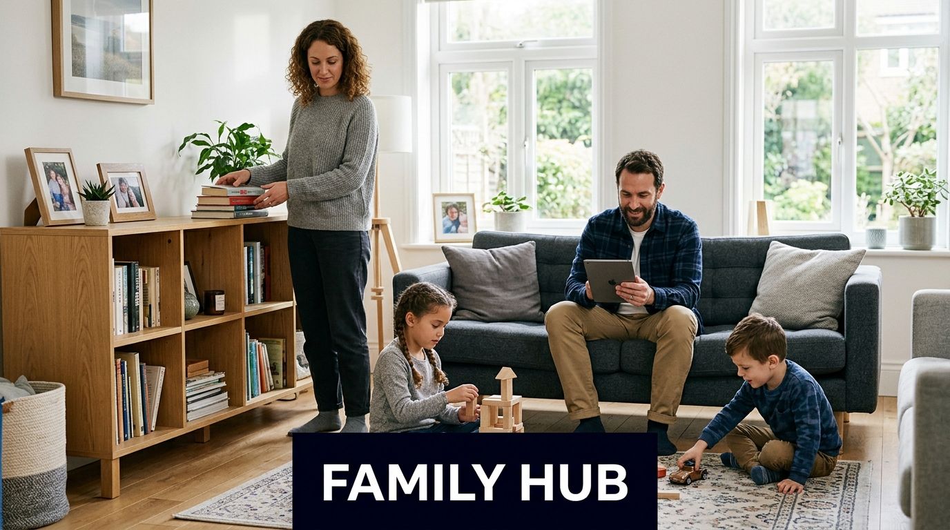 A family of four spending time together in a modern, bright living room at home.