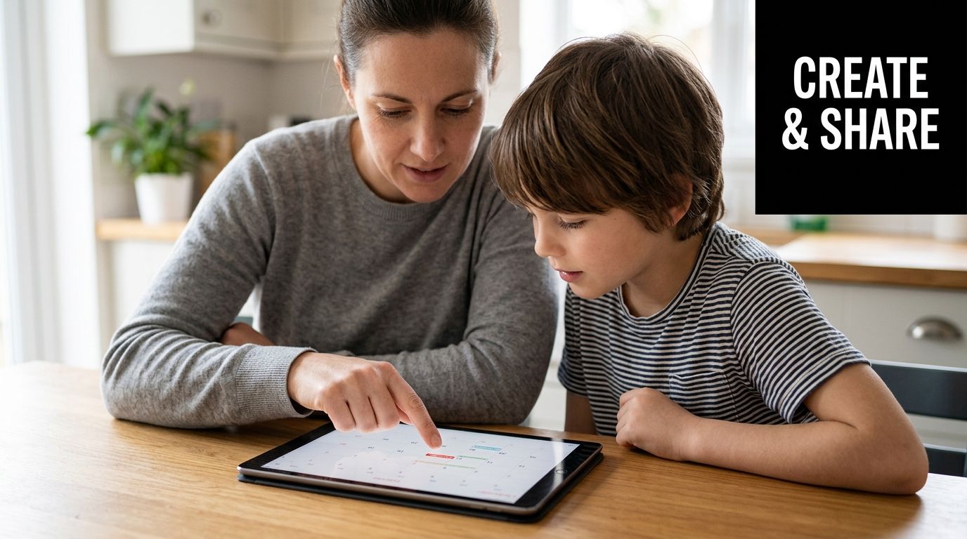 A mother and her young son looking at a calendar on a tablet device at home.