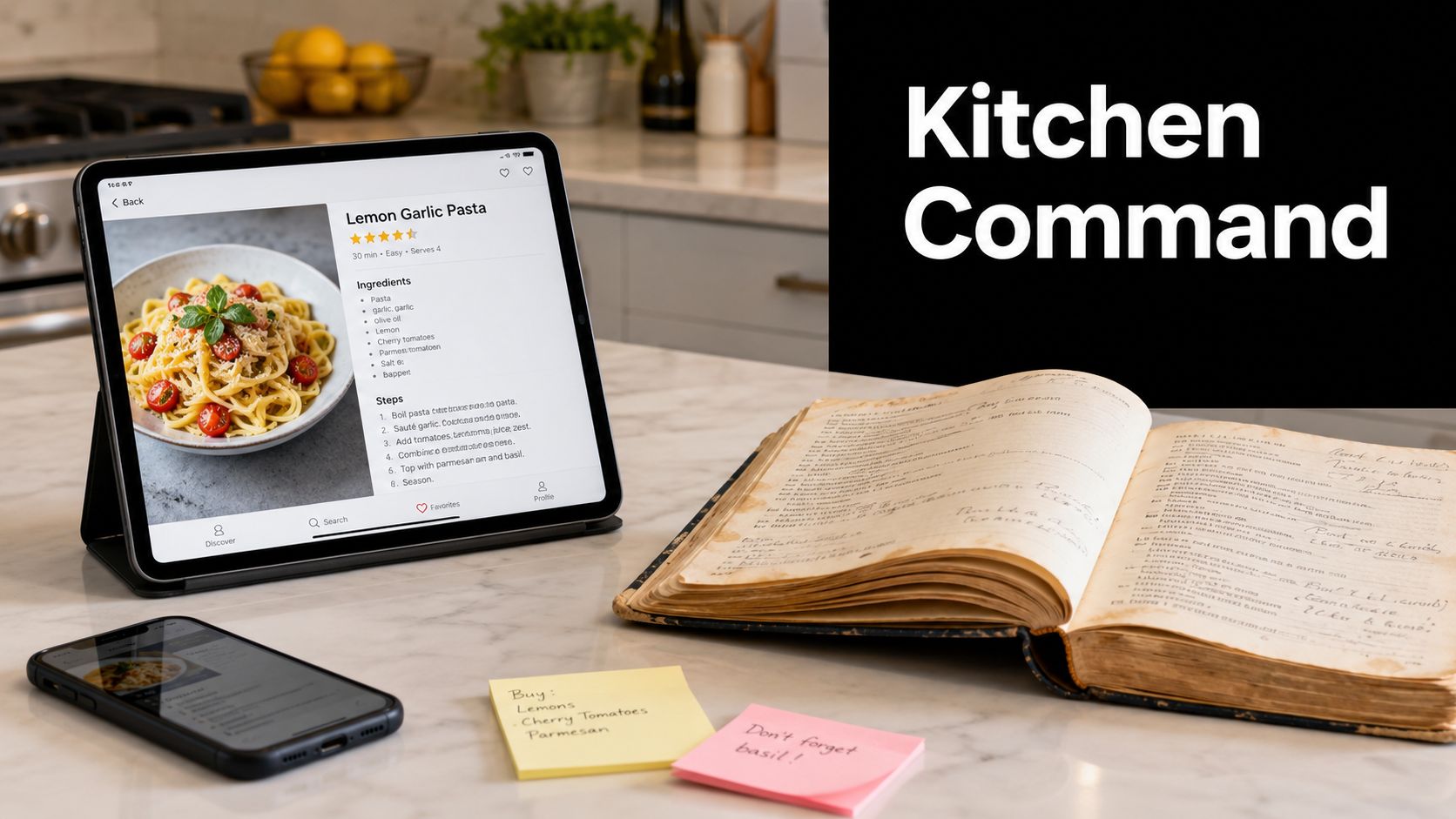 A digital tablet displaying a pasta recipe alongside a vintage cookbook and handwritten grocery list sticky notes.