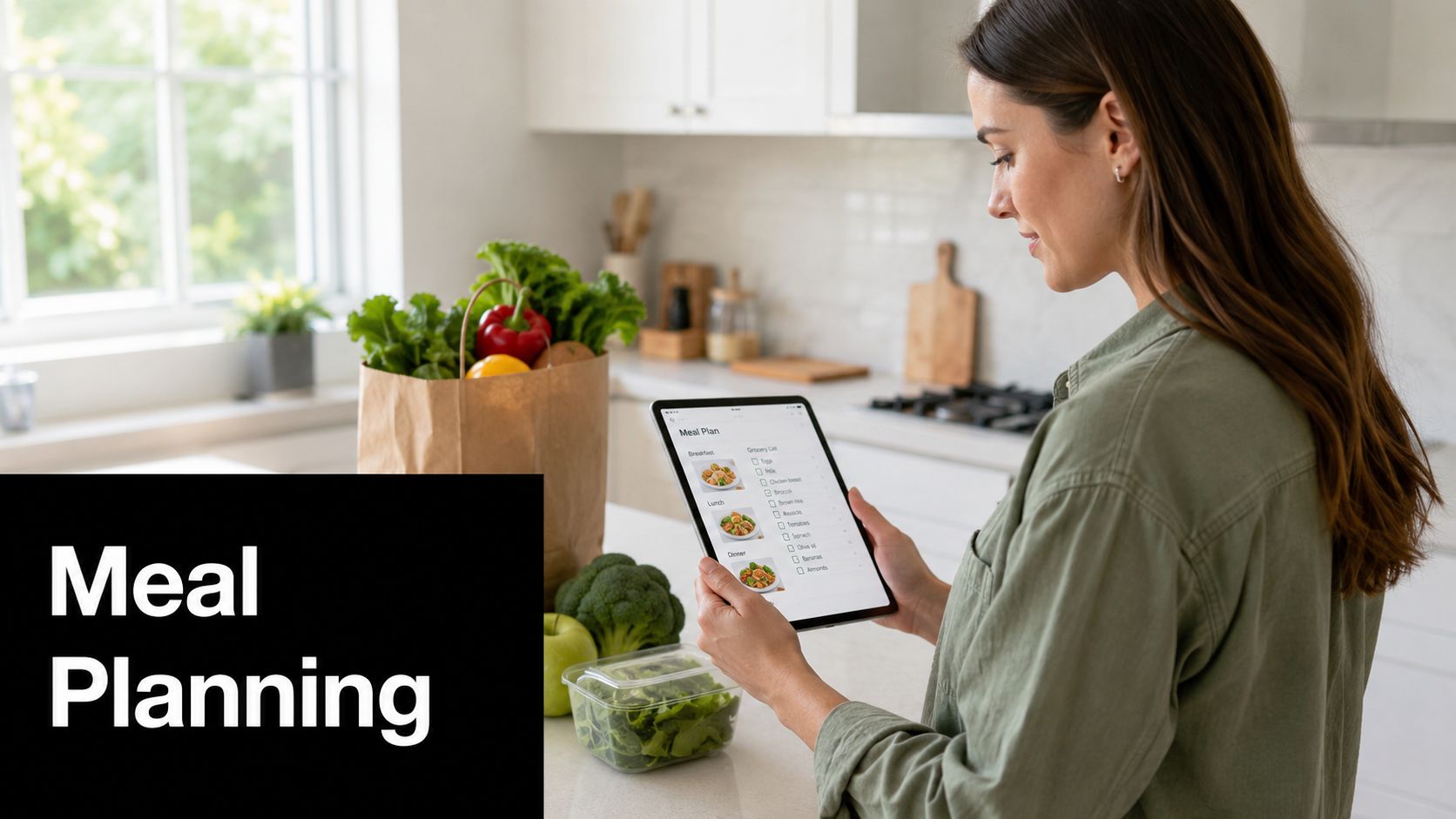 A woman in a kitchen looks at a digital meal planning app on her tablet computer.
