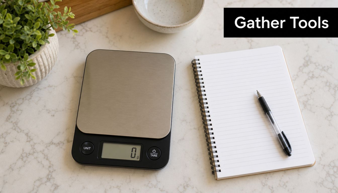 A digital kitchen scale, a notebook, and a pen on a light marble countertop for planning recipes.