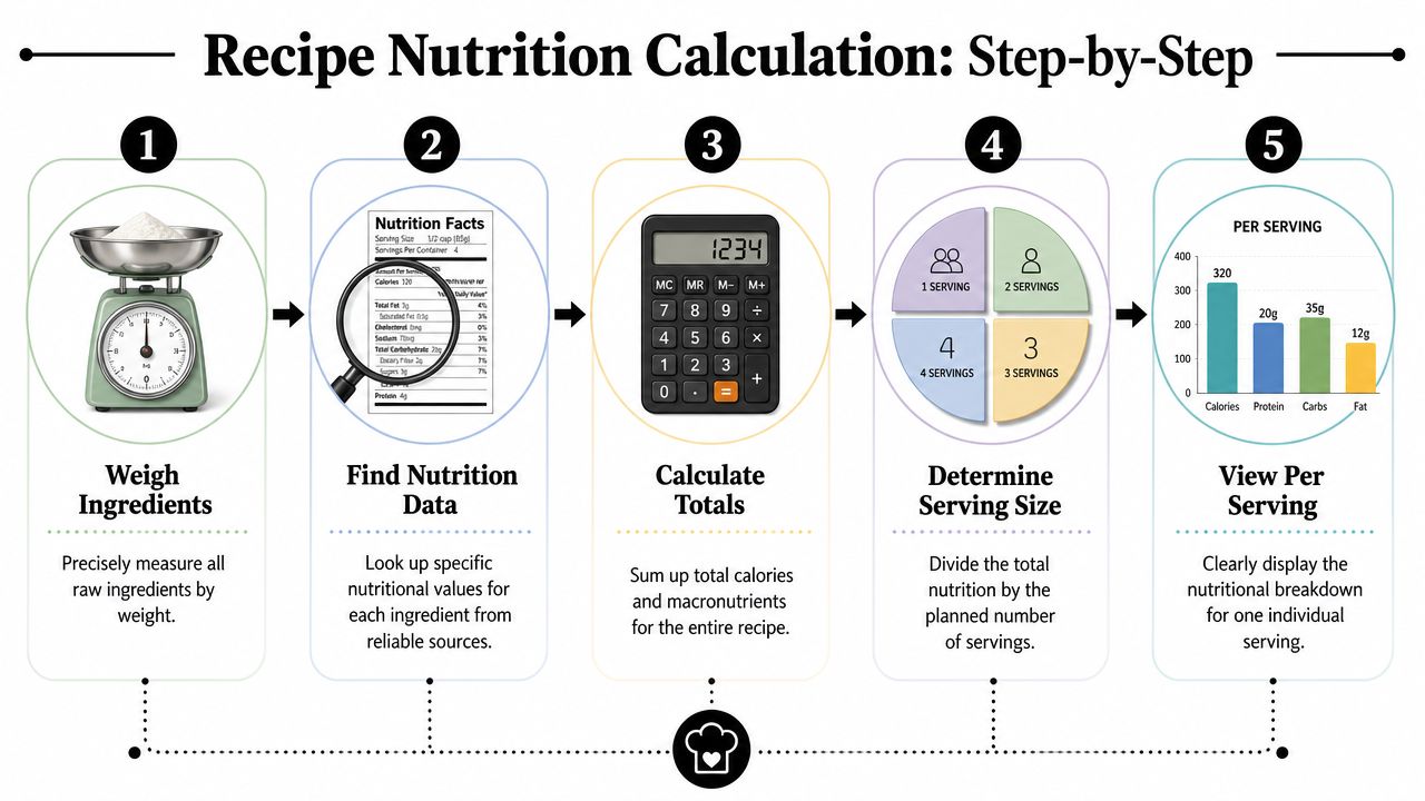 A step-by-step infographic showing how to calculate nutrition information for a homemade recipe using five simple steps.