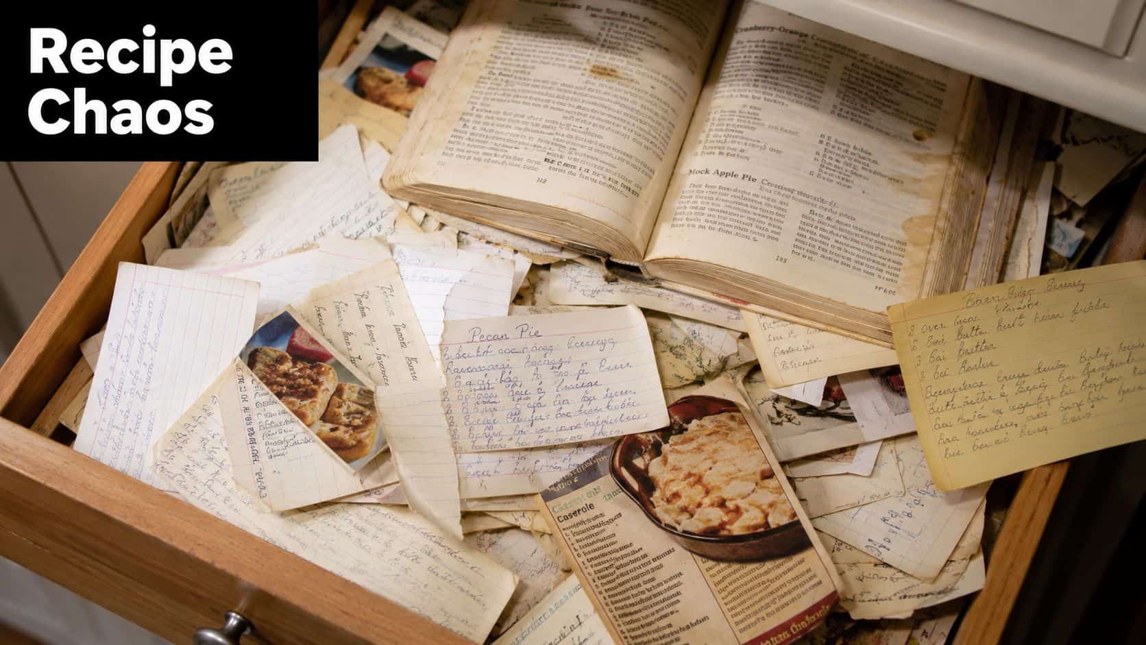 A wooden drawer filled with a chaotic collection of handwritten recipe cards and an open vintage cookbook.