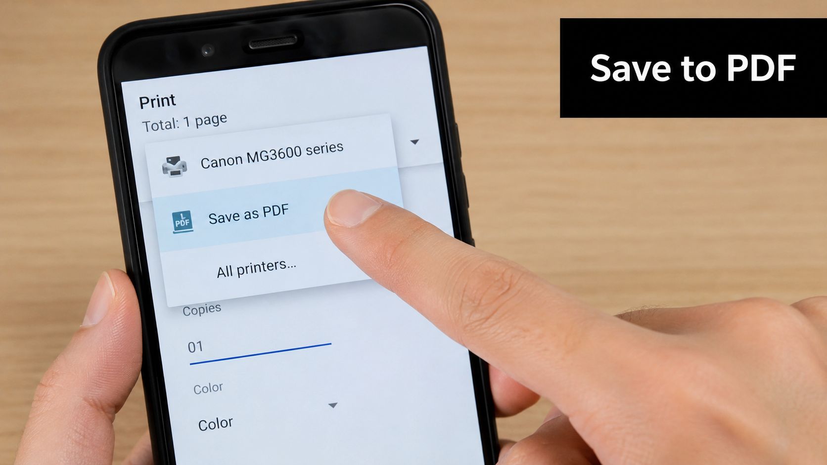 A person selecting the Save as PDF option on an Android smartphone printing menu interface.