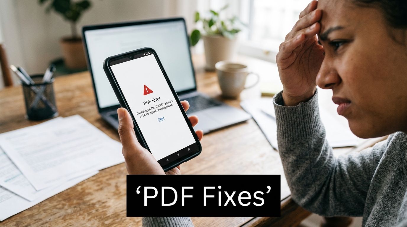 A frustrated woman looking at a smartphone screen showing a corrupted PDF error message in an office.