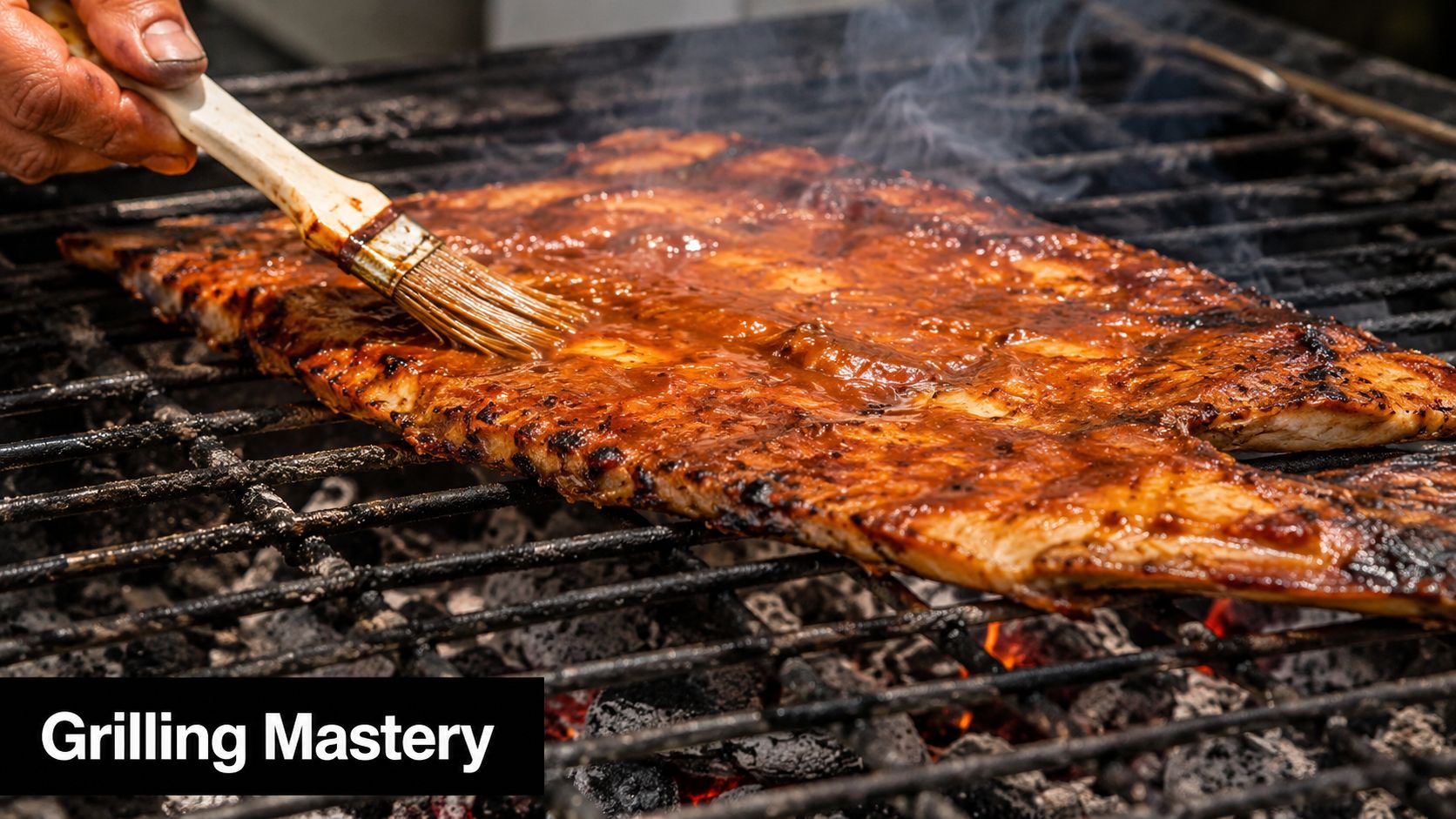 A close-up of a person brushing spicy sauce onto grilled fish on a hot charcoal barbecue.
