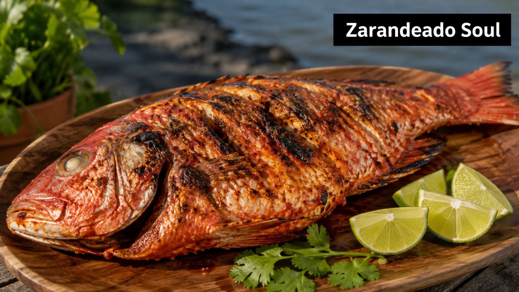 A grilled red snapper fish prepared zarandeado style served on a wooden platter with lime and cilantro.
