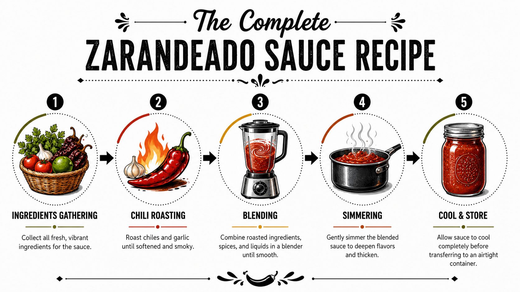 A five-step instructional graphic showing how to prepare Zarandeado sauce, from gathering ingredients to storing.