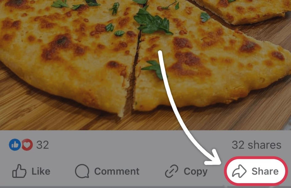 A Facebook recipe post with the Share button highlighted
