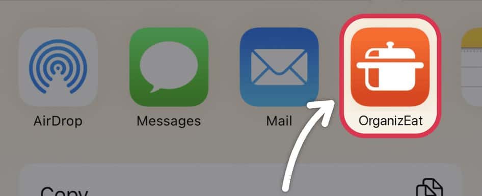 The iPhone share sheet with the OrganizEat app icon highlighted