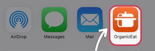 The iPhone share sheet with the OrganizEat app icon highlighted