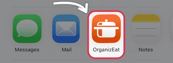 The iPhone share sheet with the OrganizEat app icon highlighted