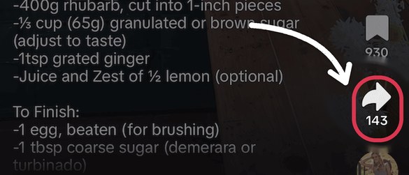 A TikTok recipe video with the Share arrow highlighted