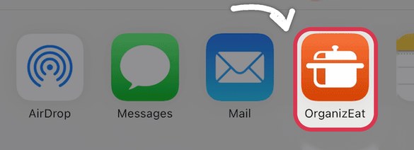 The iPhone share sheet with the OrganizEat app icon highlighted
